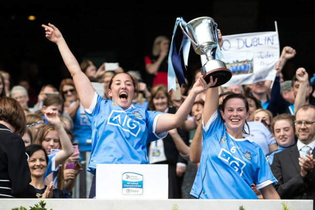 Emer Keenan and Deirdre Johnstone lift the Kay Mills Cup