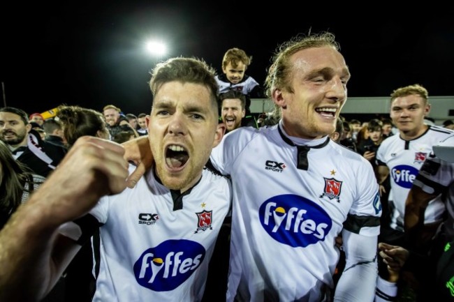 Ronan Murray and John Mountney celebrate winning the league