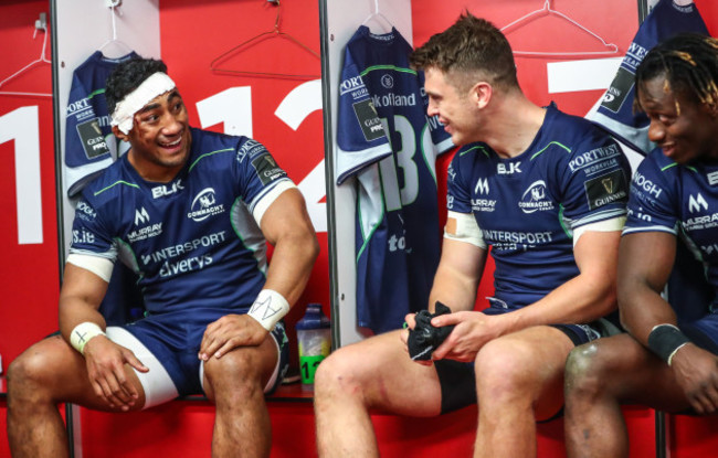 Bundee Aki, Tom Farrell and Niyi Adeolokun after the game