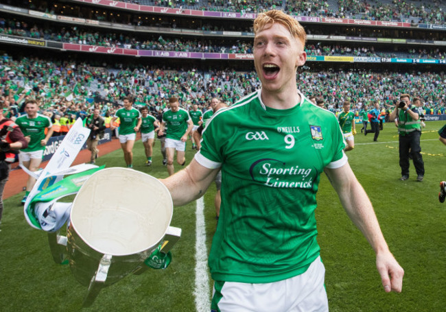 Cian Lynch celebrates after the game with the Liam MacCarthy