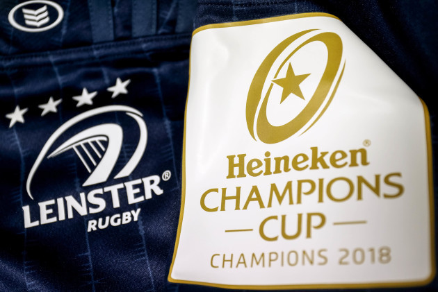 A view of the Heineken Champions Cup sleeve patch on a Leinster jersey 12/10/2018