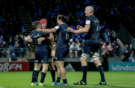 Luke McGrath celebrates scoring their fourth try with Josh van der Flier, James Lowe and Devin Toner 12/10/2018