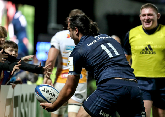 James Lowe celebrates scoring their fifth try with fans 12/10/2018