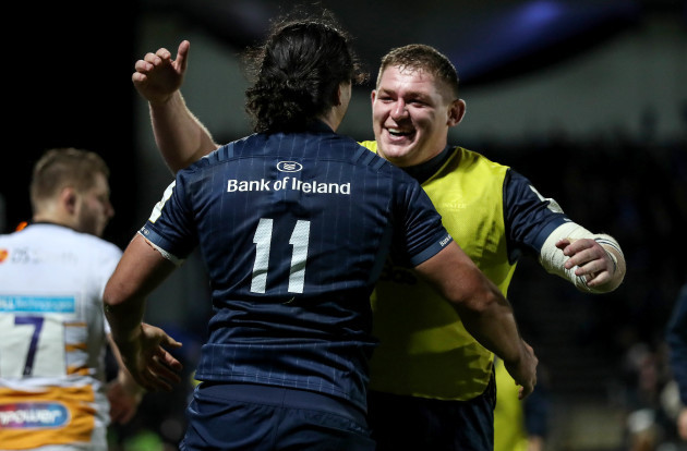 James Lowe celebrates scoring their fifth try with Tadhg Furlong 12/10/2018