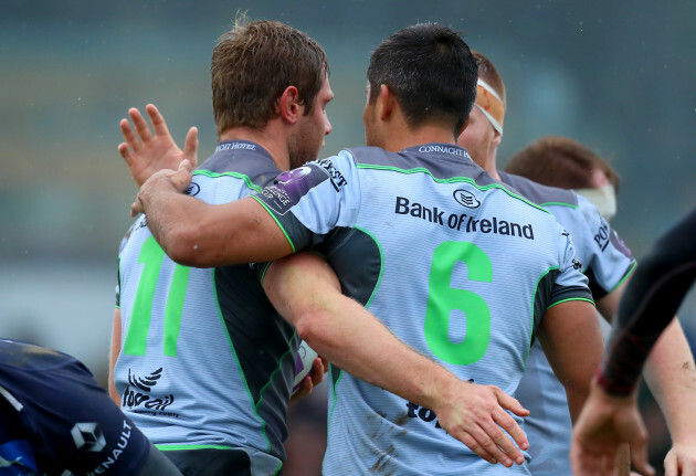 Kyle Godwin celebrates his try with Jarrad Butler