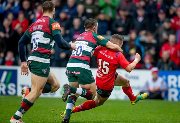 Michael Lowry is tackled high by George Ford