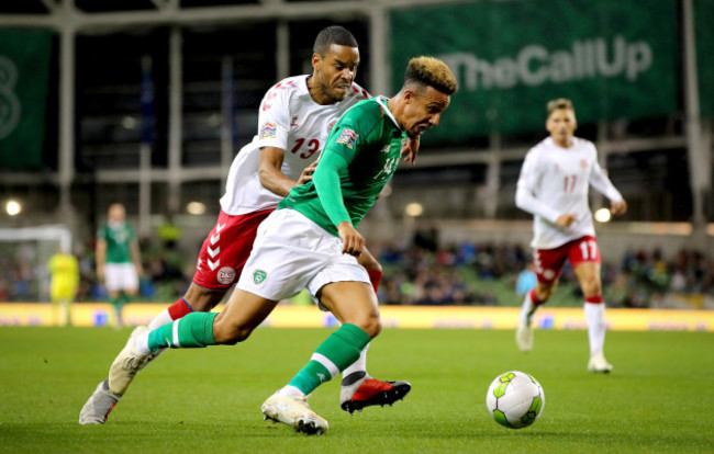 Callum Robinson with Mathias Jorgensen