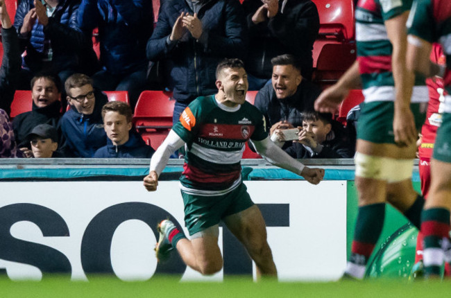 Jonny May celebrates scoring a try