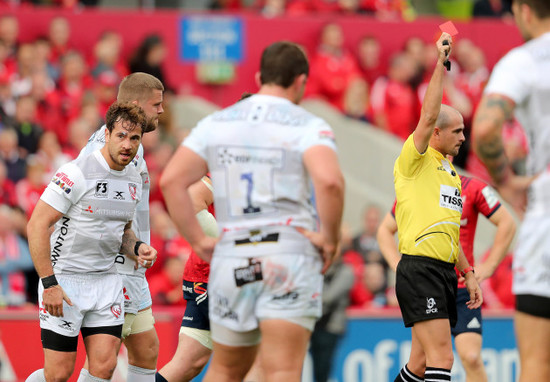 Danny Cipriani receives a red card from Referee Alexandre Ruiz