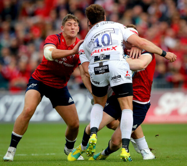 Rory Scannell with Danny Cipriani and Val Rapava Ruskin