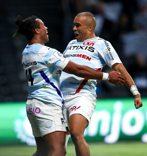 Teddy Thomas celebrates scoring a try with Simon Zebo