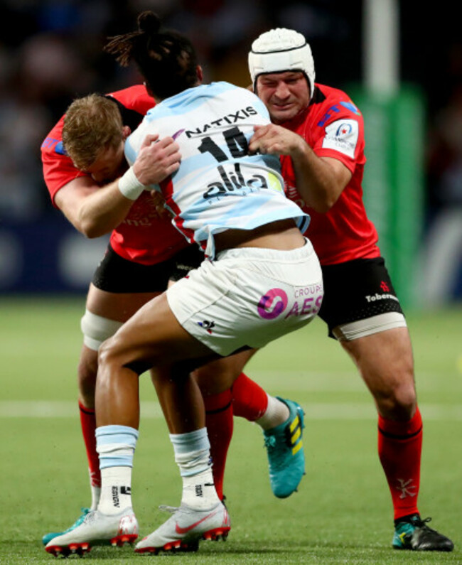 Teddy Thomas tackled by Kieran Treadwell and Rory Best