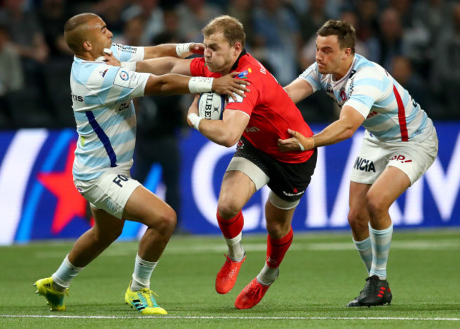 Simon Zebo and Olivier Klemenczak tackle Will Addison