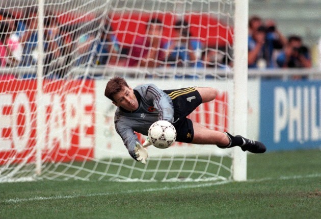 Packie Bonner saves a penalty in the shoot out 1990
