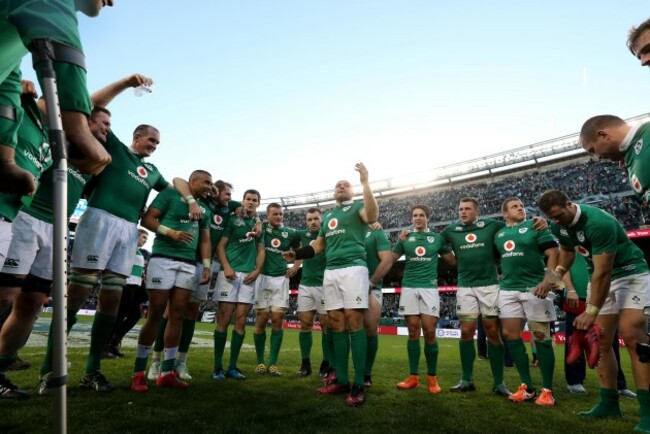 Rory Best speaks to the team after winning