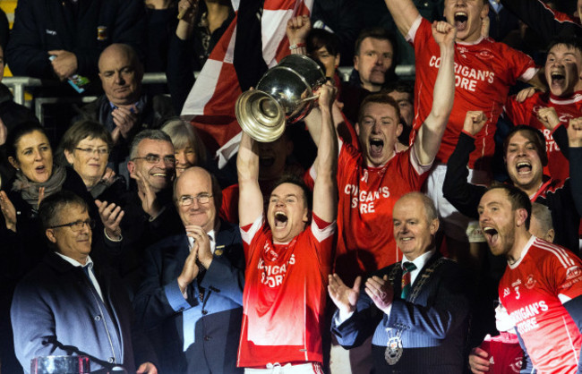 Damien Coleman lifts the Paddy Moclair Cup