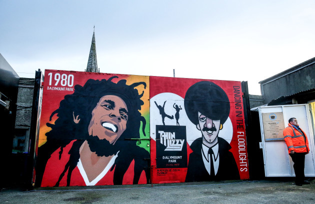A view of a Bob Marley and Phil Lynott mural in Dalymount Park