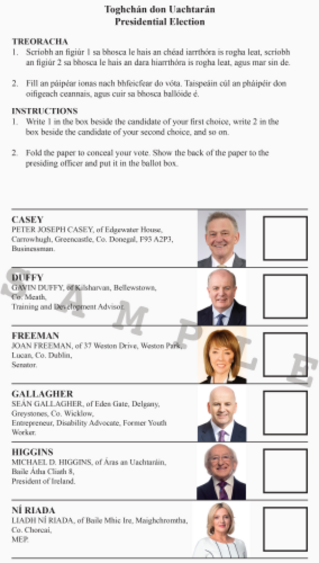 Sample ballot paper for presidential election