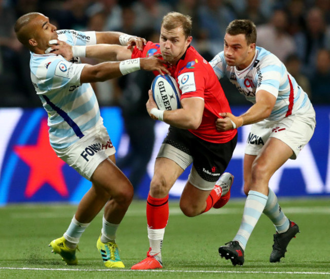 Simon Zebo and Olivier Klemenczak tackle Will Addison