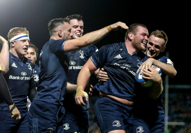 Jack McGrath celebrates scoring their eighth try with Nick McCarthy, James Ryan and Jack Conan 12/10/2018