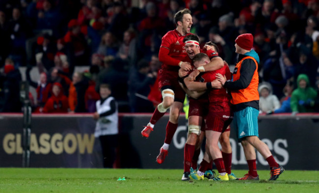 Rory Scannell celebrates his winning penalty with Darren Sweetnam and Billy Holland