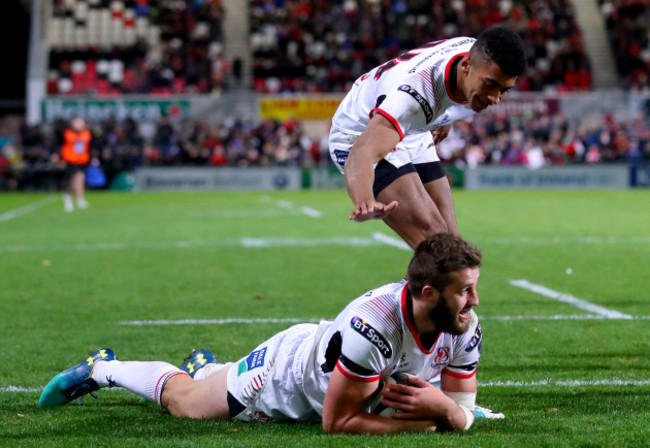 obert Baloucoune congratulates Stuart McCloskey on scoring a try