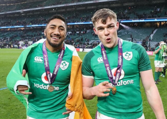 Bundee Aki and Garry Ringrose celebrate winning