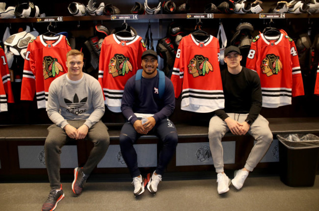 Josh van der Flier, Bundee Aki and Garry Ringrose at the Blackhawks training centre