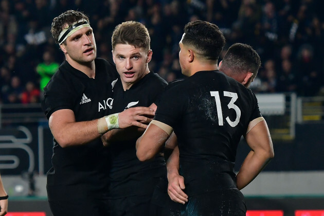 Anton Lienert-Brown celebrates his try with team mates Beauden Barrett and Luke Whitelock