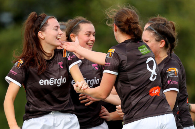 Lauren Dwyer celebrates scoring the opening goal with Edel Kennedy