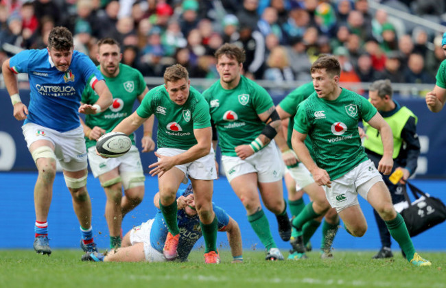 Jordan Larmour makes a break supported by Luke McGrath