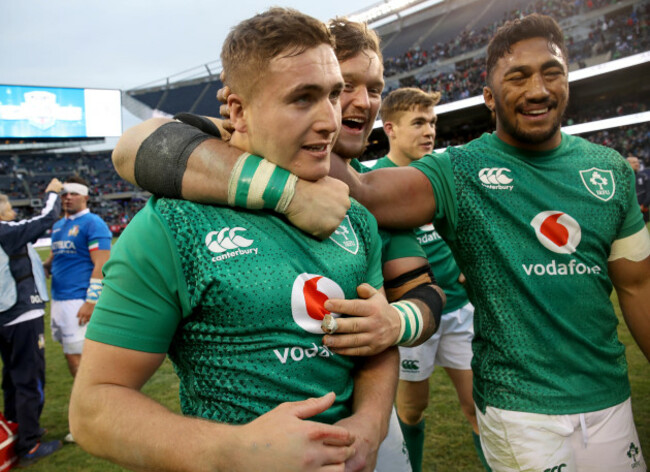 Andrew Porter and Bundee Aki congratulate Jordan Larmour after the game