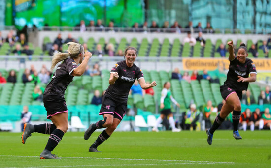 Katrina Parrock celebrates scoring a goal