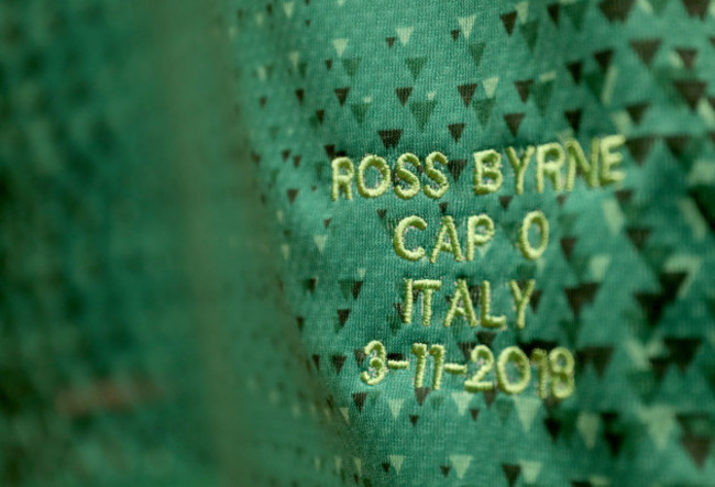 A view of Ireland's Ross Byrne's jersey in the dressing room