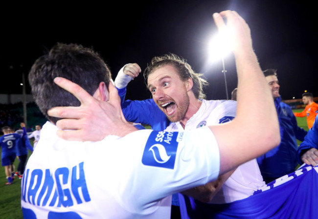 Keith Cowan celebrates after the game with John Kavanagh