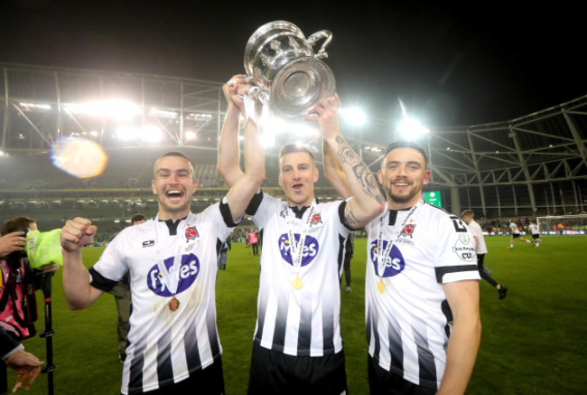 Michael Duffy, Patrick McEleney and Dean Jarvis celebrate with the FAI Cup after the game