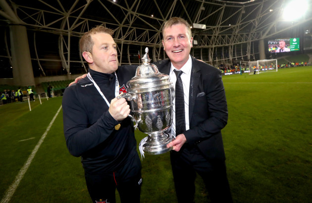Stephen Kenny and Vinny Perth celebrate with The Irish Daily Mail FAI Cup