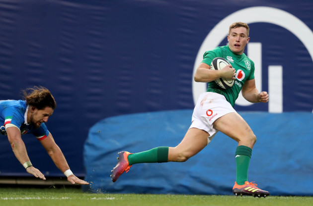 Jordan Larmour scores his third and Ireland's eight try of the day