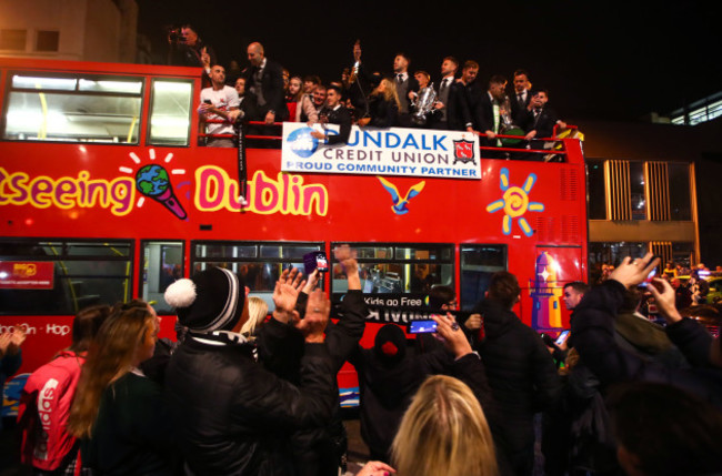 The Dundalk team arrive back on the team bus