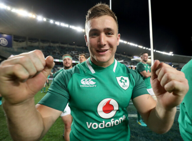 Jordan Larmour celebrates after the game