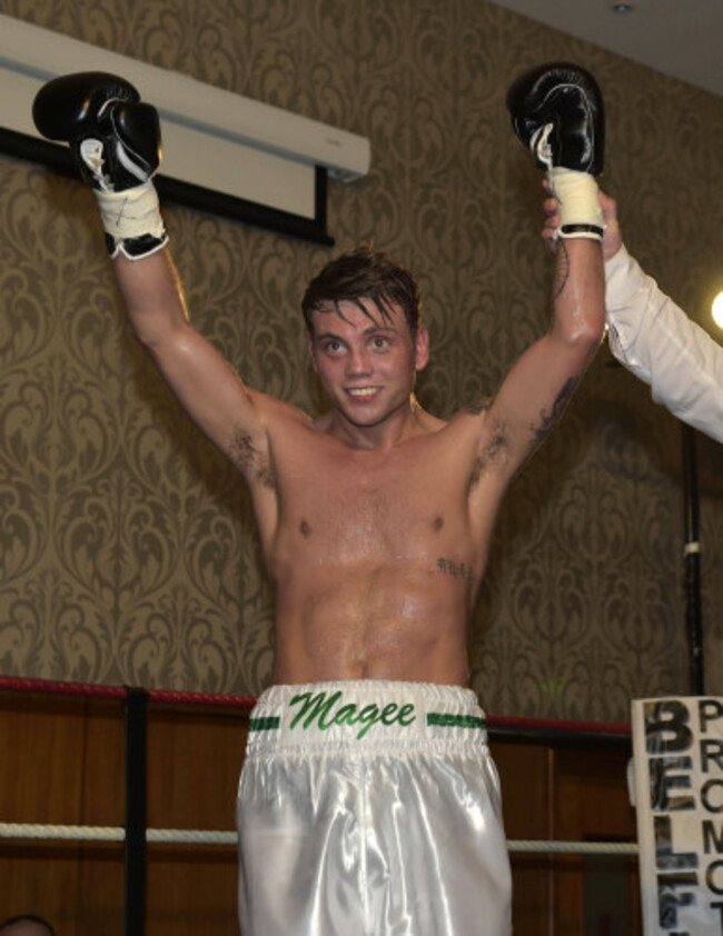 Eamonn Magee Jr celebrates beating Zoltan Horvath