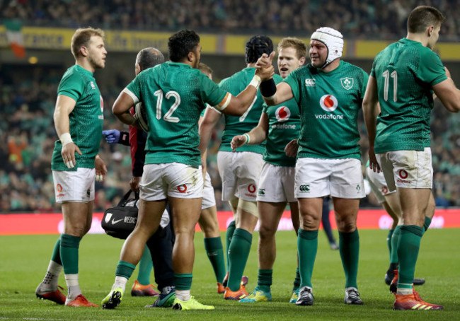 Bundee Aki celebrates scoring his sides second try with Rory Best