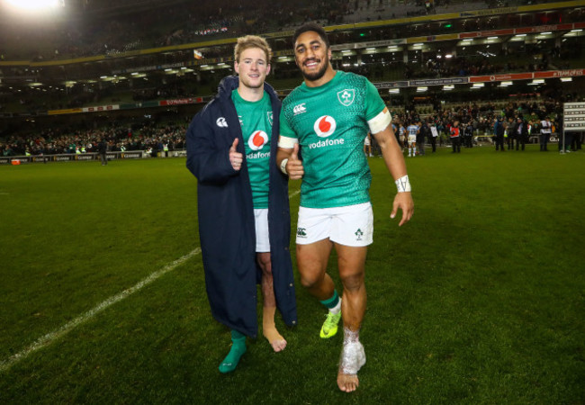 Kieran Marmion and Bundee Aki celebrate after the game