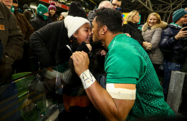 Bundee Aki celebrates with his daughter Adrianna after the game
