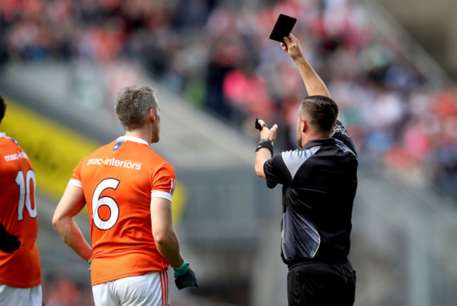 Mark Shields is black carded by Referee David Gough