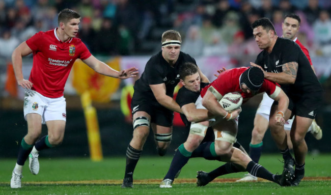 Sam Cane, Beauden Barrett and Codie Taylor tackle Sean O’Brien