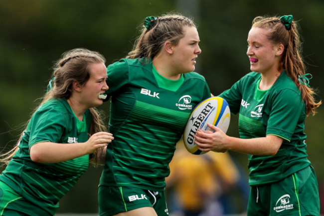 Beibhinn Parsons celebrates scoring a try with Niamh Kenny and Meabh Deely 15/9/2018