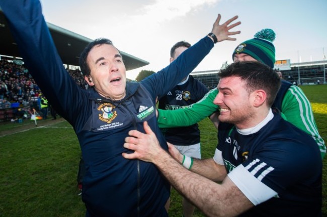 Louis Mulqueen celebrates after the game with selector Paul Mitchell and Conor Kavanagh