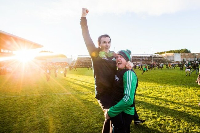 Louis Mulqueen celebrates after the game with selector Paul Mitchell