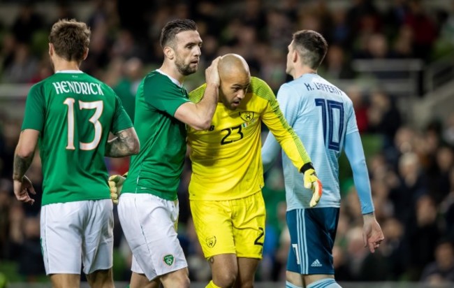 Shane Duffy congratulates Darren Randolph after making a crucial save